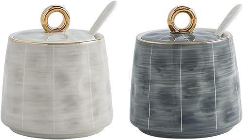 Zuccheriera in Ceramica, Zuccheriera con Coperchio e Cucchiaio, Barattolo di Zucchero in Ceramica da 300 ml Decorazione da Tavola, Zuccheriera Semplice in Porcellana, for Bar, Ristorante, Casa-Grigio-