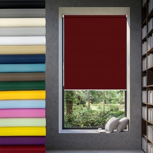 Cortina De Oscurecimiento 75 x 60 cm Estor Enrollable Liso Cortina Plisada Sin Taladrar protección Solar y de la intimidad, fácil instalación para Interior/Ventana, Vino Tinto