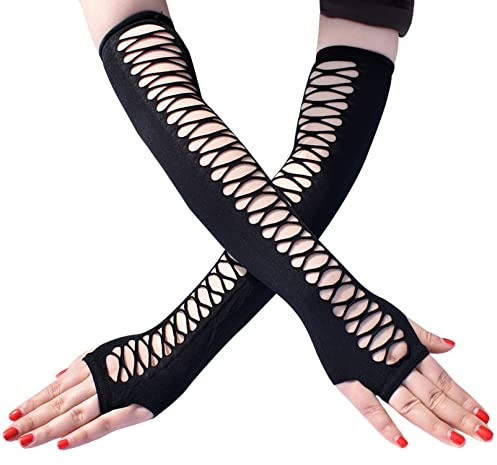 Goth Fingerlose Handschuhe,Lange Hohle Steampunk Armstulpen,Halloween Mesh Hole Handschuhe für Cosplay Kostüm Party Punk