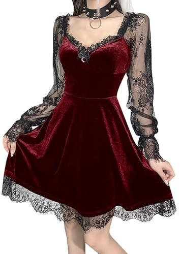 XKBHYD Mini Robe Gothique en Velours Vert Sexy, Dos aux, Patchwork en Dentelle, Tenue de Soirée Élégante, Taille Haute, Y2K