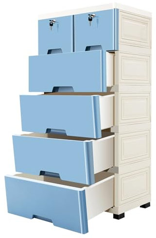 Schublade Kommode Kunststoff Nachttisch Kommode Schubladenturm Schubladenregal 6 Schubladen Kommode Möbel 4 Räder ((Blau))