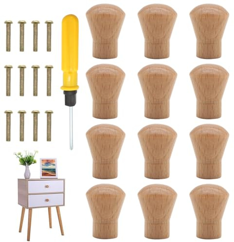 Kujinova 12 Pcs Wooden Door Knobs, Handles, Chest of Drawers, Cabinet Knobs with Screws for Furniture, Kitchen, Handles Chest of Drawers