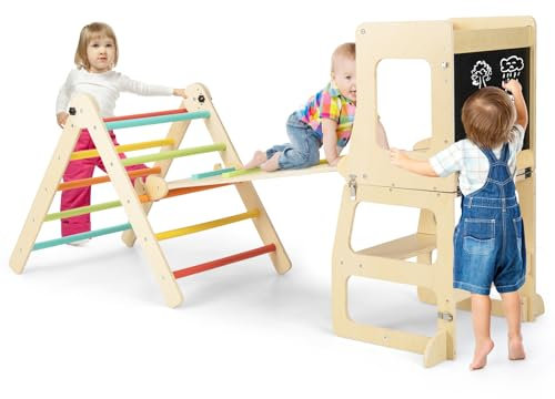 DREAMADE 7 IN 1 Klettergerüst Indoor, Sprossendreieck Kletterspielzeug aus Kiefernholz, Kletterdreieck mit Rutsche zum Rutschen & Klettern & Tritthocker & Malen für Kinder ab 3 Jahren (Bunt)