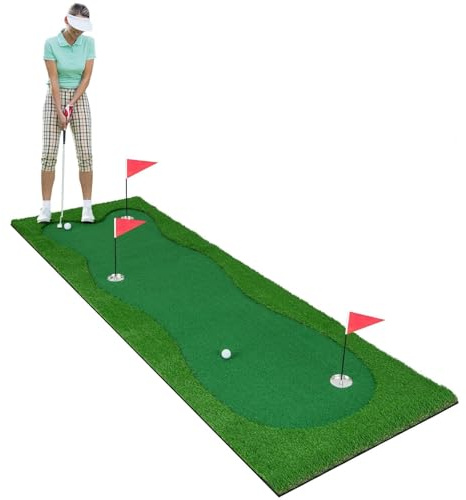 GYMAX Esterilla de Entrenamiento de Golf Profesional de 3 x 1 m, con 2 Pelotas de Golf, 3 Vasos y 3 Agujeros, 3 Banderas, Alfombrilla de Putting para Interior y Exterior
