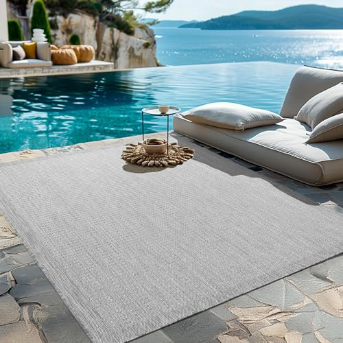 HomebyHome In- & Outdoor Teppich Wetterfest 240 x 340 cm Einfarbig Grau - Waschbar, Wasserfest, Pflegeleicht und Flachgewebe - Ideal für Balkon, Garten, Terrasse und als Küchenteppich