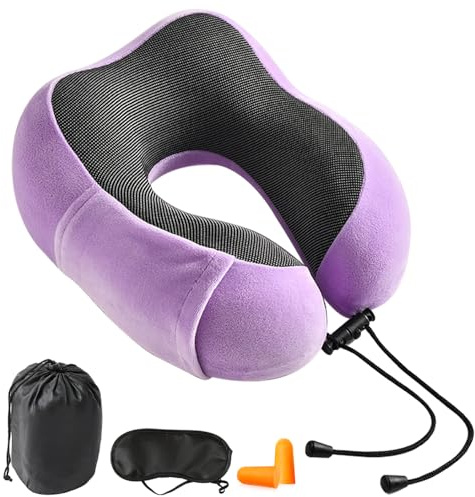 ONENESSL Reisekissen Memory Foam Nackenkissen, tragbares Reise-Nackenstützkissen, Reiseutensilien, Nackenstützkissen mit Aufbewahrungstasche, Schlafruhe Kopfkissen für Flugzeug Auto Büro (Lila)