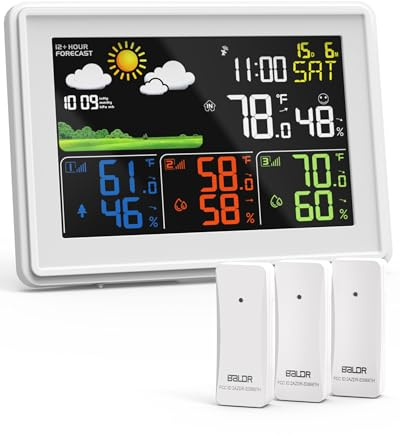 BALDR Väderstation trådlös med 3 utomhussensorer, DCF-färgskärm, väderstation med väderprognos, inomhus utomhus digital termometer hygrometer barometer och anpassade larm (vit)