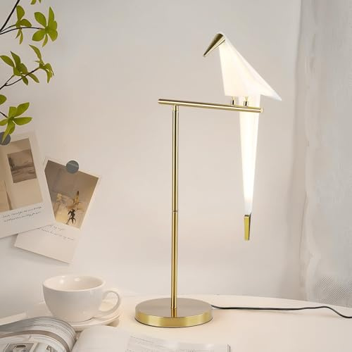 Tischlampe Wohnzimmer Moderne Schaukel Vogel, LED Nachttischlampe Vintage Schlafzimmer 3000K Warme Acryl Metall Lesebuch Licht Schreibtischlampe Gold Papier Kran E27 Nachtlampe 79 cm * 35 cm