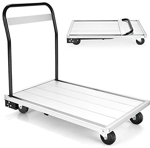 Klappbarer Plattformwagen, 350 kg, 91 x 60 x 82 cm, robuster Flachbett-Handsack mit 4 TPR-Rädern, Aluminium-Plattformwagen für Garage, Gepäck, Schubkarre, Tranpost