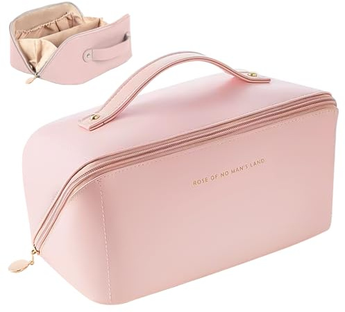JSTHHTT Makeup Bag, Large Capacity Travel Cosmetic Bag, Portable Makeup Organiser Toiletry Bag, Travel Essentials Wash Bag with Handle and Compartments for Women Girls (Pink)