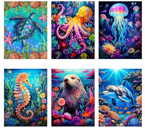 Mrnsiet 6 Pack Ocean Creatures Diamond Painting Kits for Adults Beginner,Sea Animals Round Drill Diamond Art Kits for Adults,Easy Marine Animals Gem Art and Crafts for Holiday Gifts 12X16 Inch.