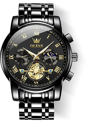 OLEVS Men's Wrist Watches Two Tone Stainless Steel Quartz Watch Diamond Chronograph Moon Phase Gold Blue Black Dial Male Watch Waterproof Luminous