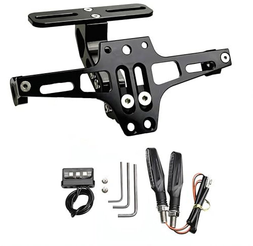 Support de Plaque d'immatriculation pour Motos avec éclairage LED Rotatif à Gauche et à Droite. Support de Plaque d'immatriculation réglable en Aluminium pour la Plupart des modèles de Moto (Noir)