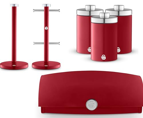 Swan Townhouse Red Bread Bin, Tea, Coffee, Sugar Canisters, Mug Tree & Towel Pole. Contemporary Matching Kitchen Storage Set of 6