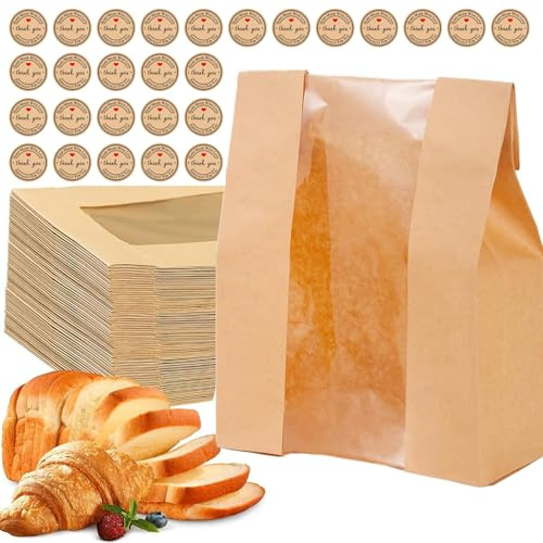 winmiya 30 Pcs Sourdough Paper Bread Bags with Window Kraft Paper Bakery Bag with Clear Window Sourdough Bread Bags for Storage Bread Cookies & Snacks 30 Cute Sealing Stickers With Ties