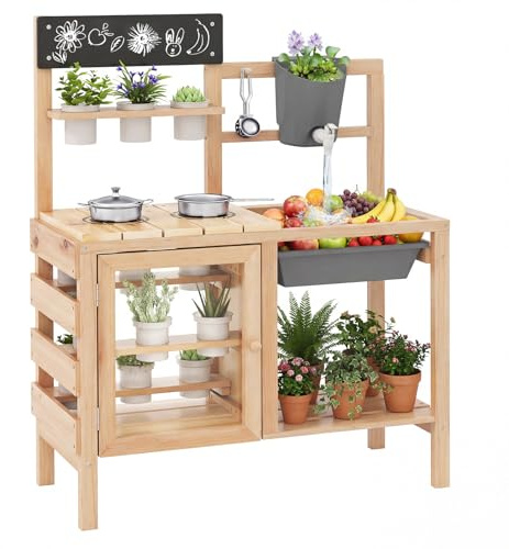 Costzon Mud Kitchen, Wooden Kids Potting Bench with 12 Plant Pots & Observation Room, Sink, Faucet, Cooking Accessories, Outdoor Play Kitchen for Backyard, Garden, Patio, Gift for Boys Girls