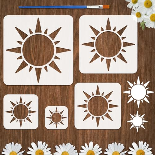 FINGERINSPIRE 5 st solschabloner med en borste 5 storlekar solmålningsschabloner återanvändbara husdjur höst sol hem stencil fantasi tema dekorationsmall för målning på trä vägg golv möbler