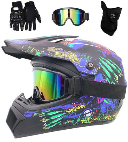 Youth Kids MTB Motocross Helmet Set, with Gloves Goggles Mask, Unisex Full Face ATV Offroad Street Motorbike Helmets, Downhill Enduro Quad Dirt Bike Crash Helmet