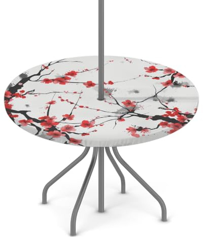 Goxnero Mantel redondo de pintura china con flor de ciruelo rojo con agujero para paraguas y cremallera, mantel redondo impermeable para fiesta, picnic, patio (apto para mesa de 36 a 44 pulgadas)