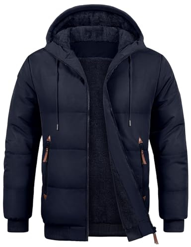 TOMEEK Manteau Homme Hiver Thermique Veste Polaire Manteaux Parka Chaud Blousons Doublure épaisse Hommes Hiver Veste Coupe-vent Jacket avec Capuche Zippé Poches(Marine,XL)