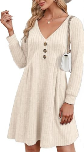 ABYOVRT Vestido Invierno Mujer 2025 Vestido de Punto de Manga Larga Cuello en V A-Line Elegante Casual Mini Dress de Otoño Invierno,Albaricoque,M