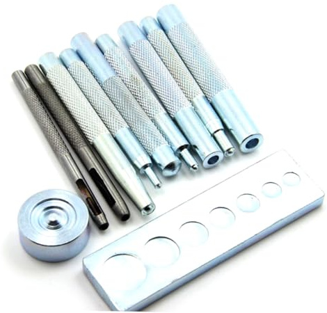GARIOUANS 11 Piezas Kit Herramienta Remache con Base para Perforador y Fijación Botones Presión Mango Extra para Agarre Anchos Metal Resistente para Artesanía DIY