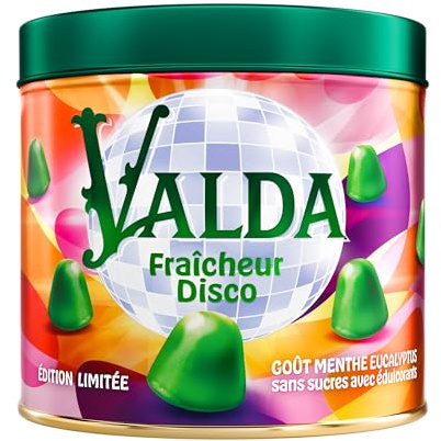 VALDA Édition Limitée Fraîcheur Disco - Gommes Goût Menthe Eucalyptus - Adoucit La Gorge Grâce Au Lévomenthol - Pour Gorges Sèches & Irritées - Sans Sucres avec Édulcorants - 160 G