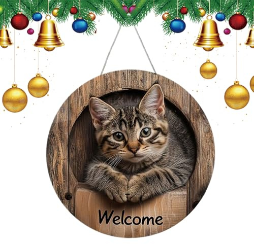 Cartel de bienvenida para puerta de casa, cartel de bienvenida de madera para puerta de , diseño de gatos planos 2D decoración para balcón, jardín, salón, dormitorio, aula, Navidad