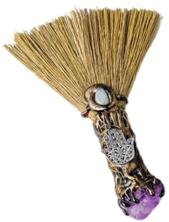 Escoba De Natural | Escoba De Bruja Hecha A Mano con Cristales Auténticos | Decoración Ceremonial Reiki, Vara Mágica para Colgar En La Pared, Limpieza Espiritual, Rituales, Accesorio DEC