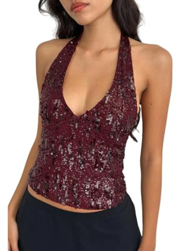 Y2k Glitzer Sommer Pailletten Tank Top Einfarbig Ärmellos Tiefer V-Ausschnitt Slim Fit Rückenfrei Diskothek Weste Weinrot A, M