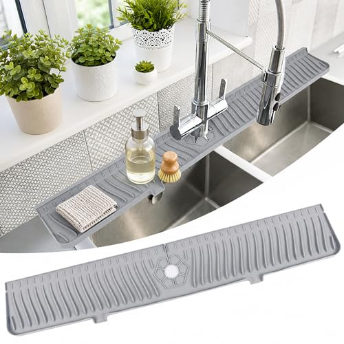 Techson 33 Inch Sink Splash Guard Mat – Extra Long Silicone Faucet Drip Catcher Tray for Kitchen & Bathroom, Quick-Dry Splash Protector for Countertop (Gray)
