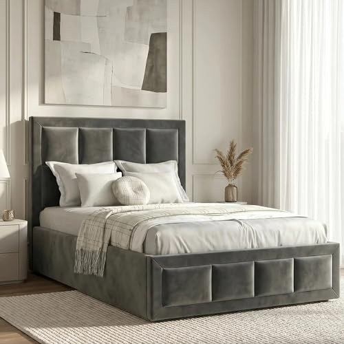 Blisswood Single Bed Frame, 3ft Upholstered Velvet Ottoman Storage Bed with Gas Lift End Opening, Wooden Slats and Headboard, Under Bed Storage, Space Saving Bed Frame (Dark Grey, No Mattress)