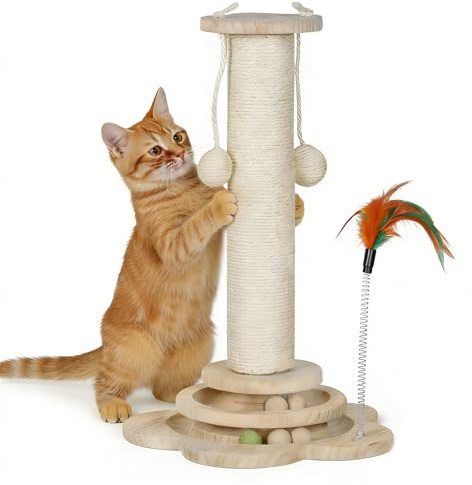 Skylos 3-in-1 Cat Scratching Post for Indoor Cats, Sisal Rope Pole with Track Ball, Feather Toy & Catnip, Wooden Base Play & Rest Area, Sturdy Design for Kittens (45cm)