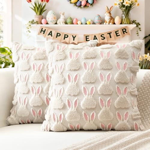 Artscope 2er Set Wolle Kissenbezüge Weicher Plüsch Kurzer Wollsamt Dekokissenbezuge Sofakissen Ostern Kissenhülle für Sofa Schlafzimmer Rosa Ohren Kaninchen Creme Beige, 50x50cm