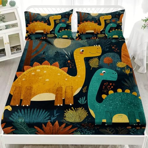 Sábana Bajera 150x190x30cm Multicolor Ajustable Juegos de Cama - Alta Comodidad Tacto Suave Planta de Dinosaurio de Dibujos Animados Sábana Bajera Microfibra para Niñas y Niños