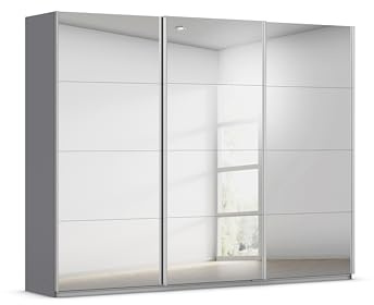 Rauch Möbel KULMBACH, Schwebetürenschrank, Grau metallic, Breite 271 cm | Kleiderschrank mit Schwebetüren, Schiebetüren, 3-türig, mit Spiegel, Zubehör Basic, Schlafzimmer, Jugendzimmer, Garderobe