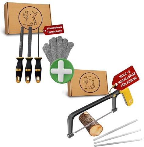 Eli® 3 Holzfeilen Set + Säge für Kinder inkl Schutzhandschuhe - Holzraspel - Werkzeuge für Holz - rund - halbrund - flach für Holzbearbeitung - Kinderwerkzeug - Geschenk für Junge - Mädchen