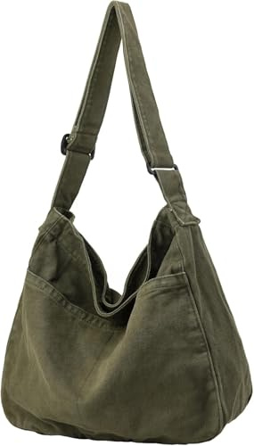 Bandolera de lona para mujer, bolso de lona informal para mujer, bolso bandolera grande tipo hobo verde