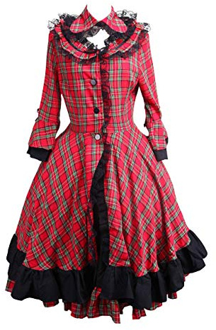 Antaina Rot Plaid Baumwolle Schwarz Spitze Klassiker viktorianisch Knielang Elegant Lolita Cosplay Coat Kleid,XXL