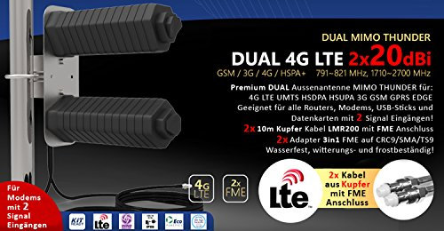 HUKITECH DUAL Thunder MIMO 4G LTE UMTS HSDPA 3G GSM Antenna esterna 2 x 20dBi guadagno (CRC-9 + TS9 + SMA) per Vodafone o2 T-Mobile Huawei eplus Notebook Card 4G 3G Modem Router USB Scheda dati