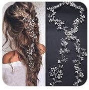 Deniferymakeup Rose Gold and Silver Extra Long Pearl and Crystal Bridal Hair Vine Wedding Head Piece Accessories Headband Jewelry (Silver)