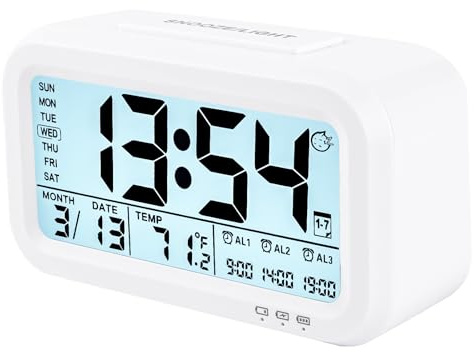 WinFong Digital Alarm Clock for Bedroom, 4.3 Screen Desk Clock with 3 Bells, Rechargeable Battery Operated Small Clock with Temperature, Snooze, Calender, 12/24H Display for Heavy Sleepers (White)