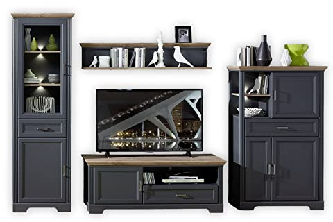 Stella Trading JASMIN Wohnwand Komplett-Set in Graphit, Artisan Eiche Optik - Schrankwand mit LED-Beleuchtung für Ihr Wohnzimmer im Landhausstil - 326 x 204 x 51 cm (B/H/T) | 326 x 204 x 51 cm (B/H/T), Wohnzimmer Set im Landhausstil, 4 Elemente, weiße Beleuchtung mit Stauraum
