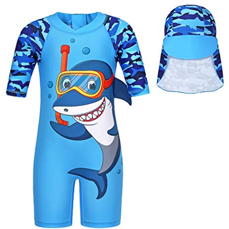 Swimming Costume Boys Kids Two Piece Swimsuit Rash Guard with Sun Cap 2-7Y | Boy's Childs UV Protection Swimwear Children 2-Piece Summer Beach Holiday Poolside Party Swim Wear Wetsuit