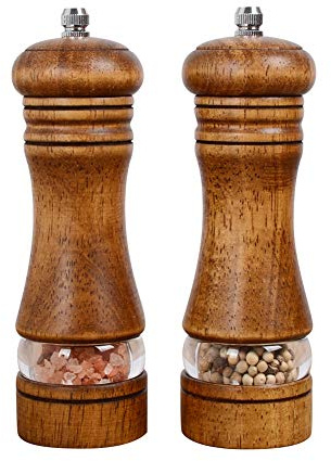 Haomacro Wood Salt and Pepper Grinder Mills Set, Classic Manual Pepper Grinder Salt Grinder Refillable Pepper Mill Sets with Acrylic Visible Window Adjustable Ceramic Grinding Rotor 6.5inch 2 Pack