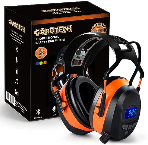 Gardtech Hearing Protection with Bluetooth, FM Radio Earmuffs, NRR 29dB Hearing Protection Headphones Noise Cancelling Headphones with MP3 for Mowing Lawn Work, Rechargeable BL-5B Battery (Orange)