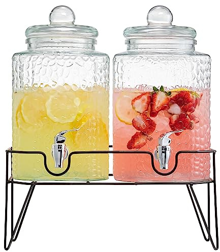 Style Setter Beverage Dispenser w/Stand (Set of 2), 1.5 Gallon Large Countertop Glass Drink Dispenser w/Spigot, Party Drink Dispenser for Sweet Tea Lemonade Punch Water, Juice Dispensers for Parties