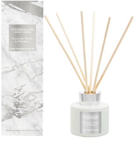 Stoneglow Luna Collection English Pear & Freesia Scented Reed Diffuser 120ml – Jasmine, Rose & Bergamot Scents, Lasts 10 Weeks, 10 Rattan Reed Diffuser Sticks, Refillable & Reusable Home Fragrance