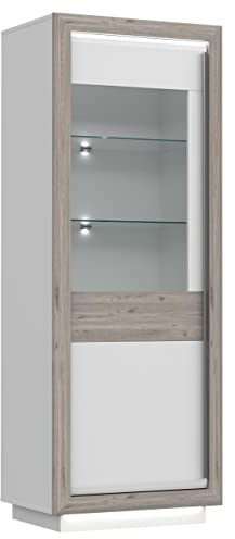 Newroom Vitrine Weiß Hochglanz Eiche beleuchtet Glasvitrine Wohnzimmer | LED Beleuchtung, Glasböden, verglaste Tür, Vitrinenschrank stehend, Wohnzimmerschrank, für modernes Esszimmer