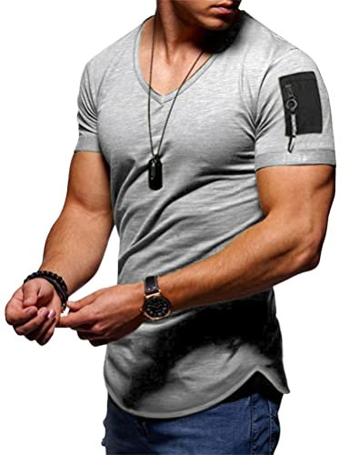 ORANDESIGNE Camiseta Cuello Pico Hombre Camisetas Básicas de Verano de Manga Corta de Color Sólido tee Shirts Deportivas Ajustadas Tops B Gris L